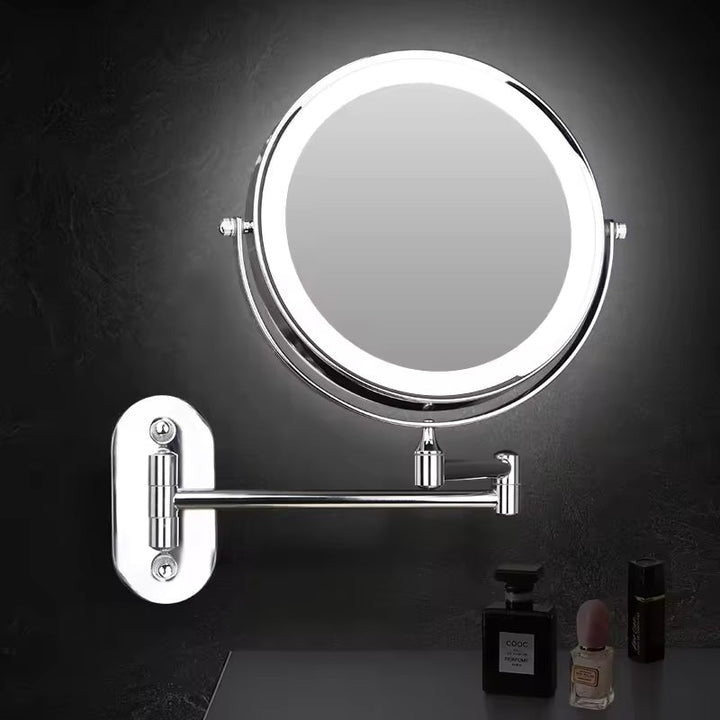 Rechargeable LED cosmetic mirror with dimmable lights & 3x magnifying function. Perfect for travel or home.