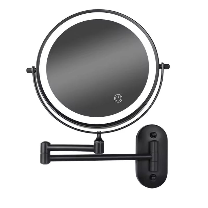 Close-up of a white LED makeup mirror, showing bright dimmable lights and 3x magnification detail.