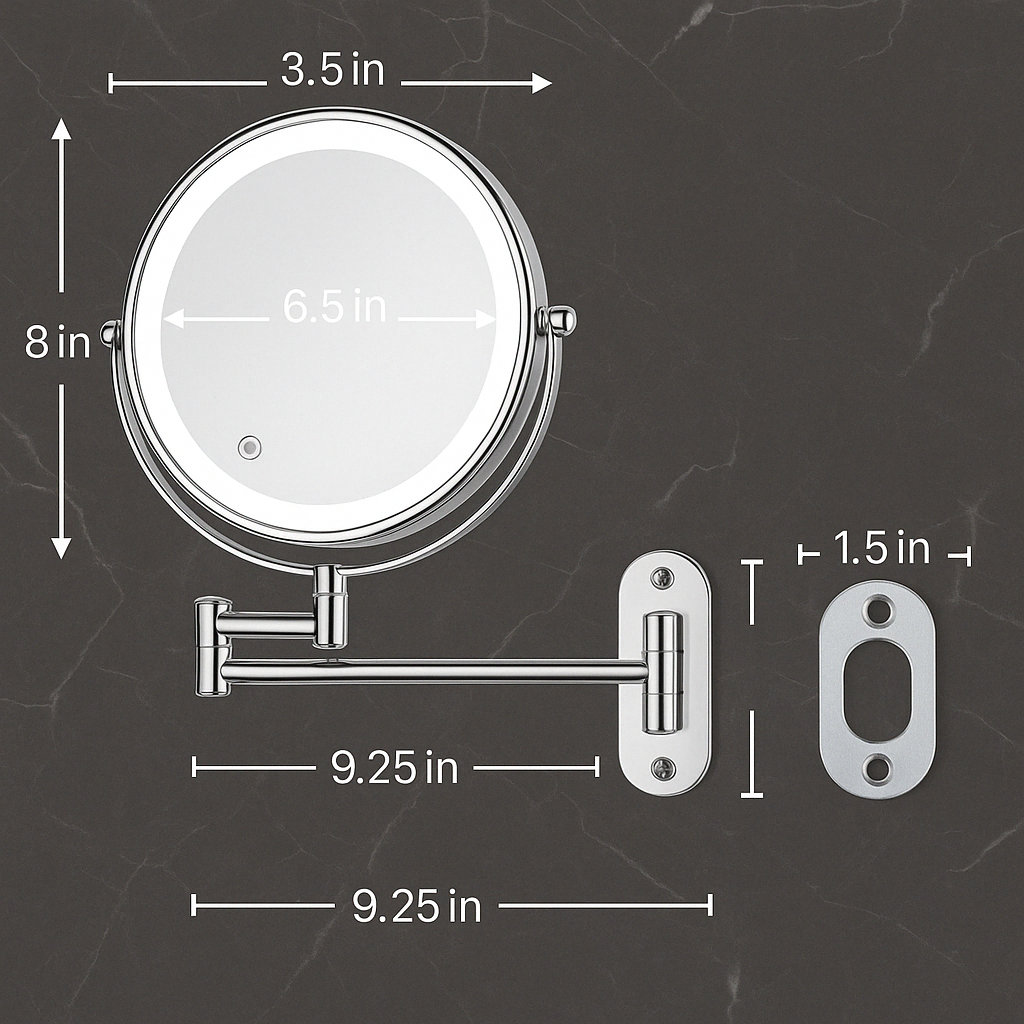Sleek portable LED makeup mirror, offering 3x magnification & customizable dimmable lighting for precision.
