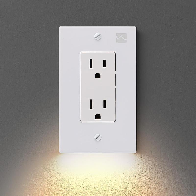 Slim profile LED night light outlet cover, ideal for adding subtle, automatic room lighting where it's needed