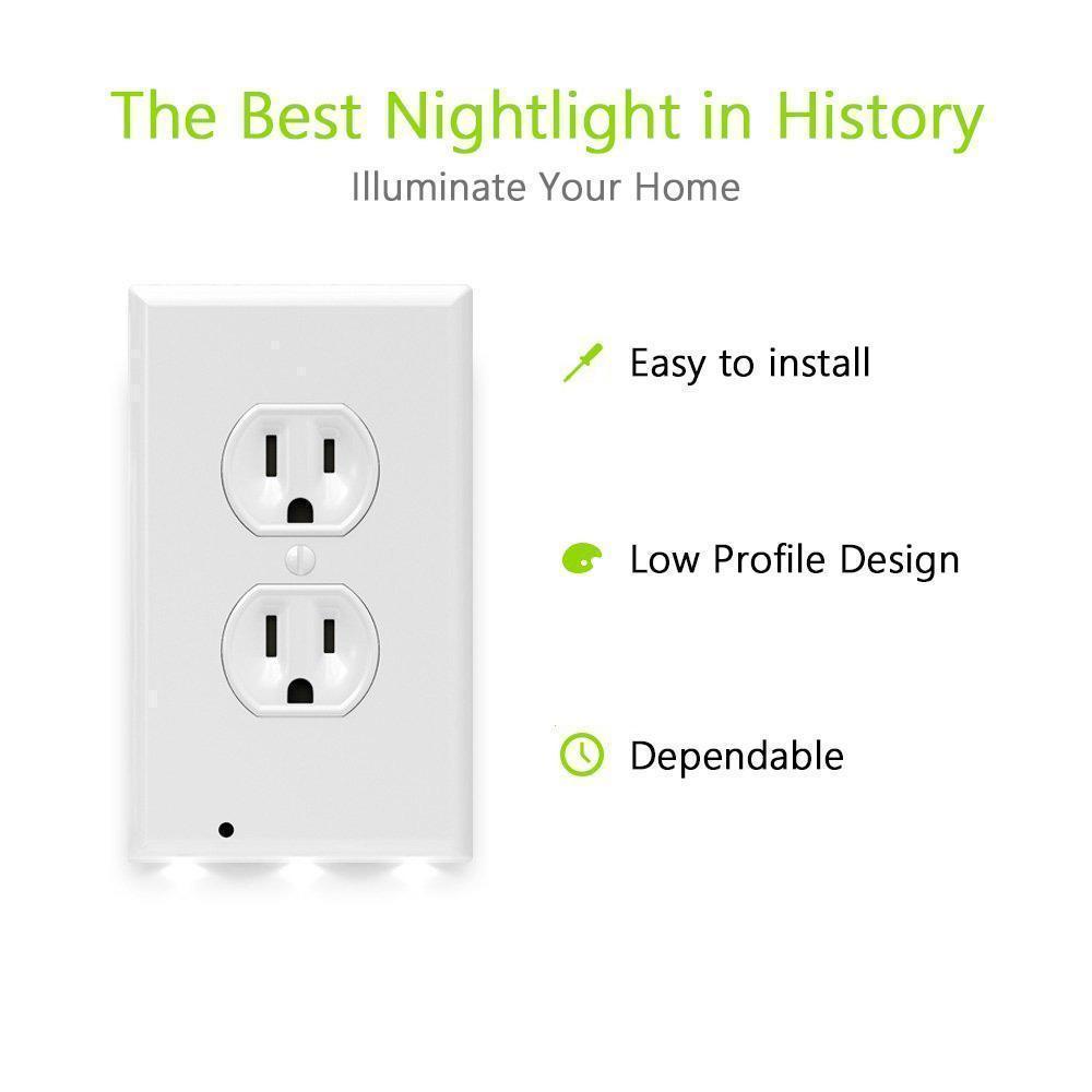 Kid-friendly LED night light wall plate, seamlessly integrated into an outlet cover for discreet safety lighting