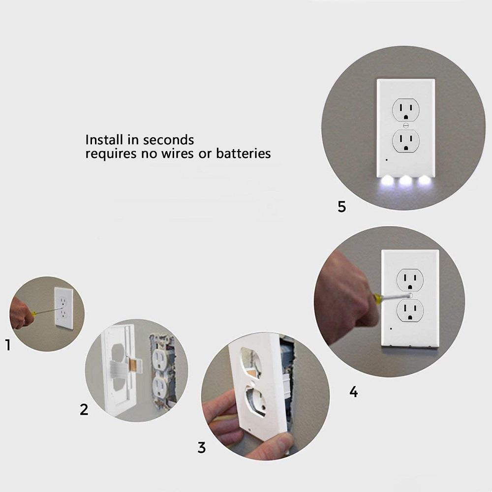 Innovative LED night light outlet plate, provides ambient room lighting, easy to install on any duplex outlet