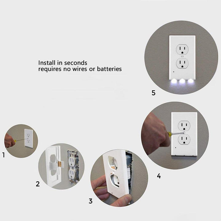 Innovative LED night light outlet plate, provides ambient room lighting, easy to install on any duplex outlet