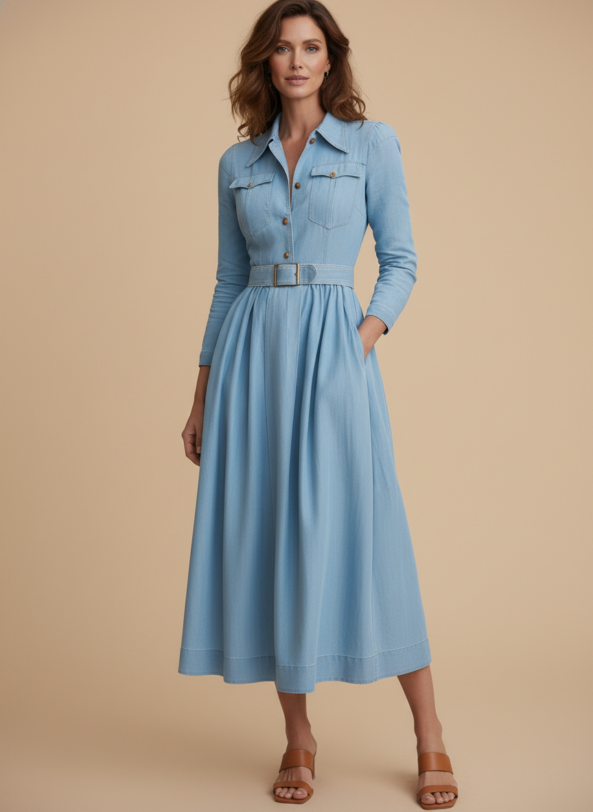 Light blue women's belted long sleeve fit & flare shirt midi dress. Elegant day-to-night versatile fashion with a classic collar.