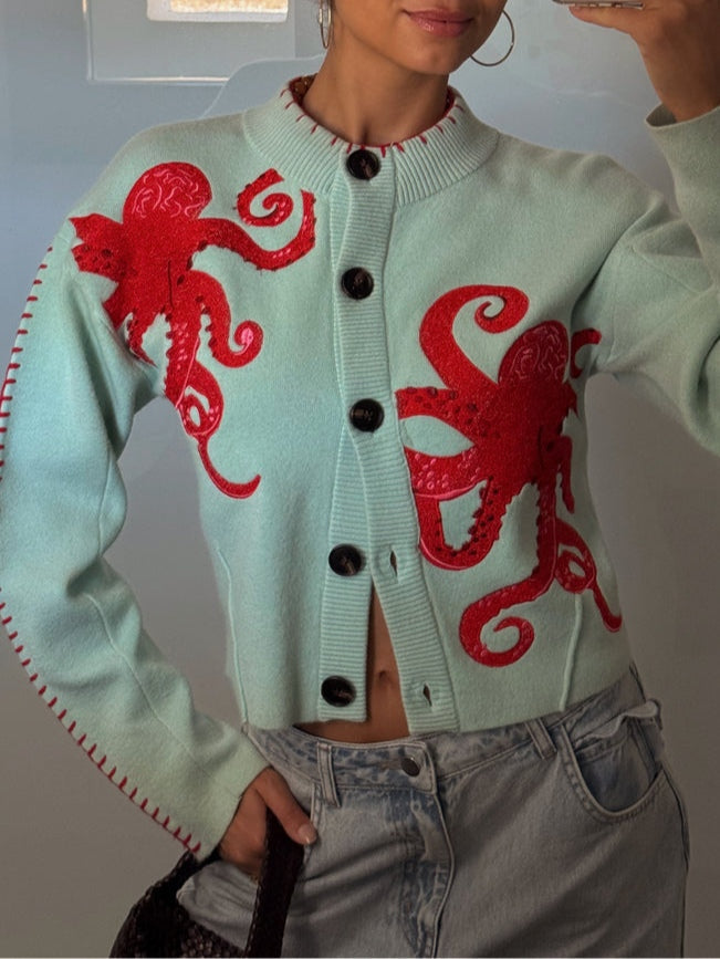 Women's casual knit cardigan, light blue with eye-catching octopus pattern & buttons.