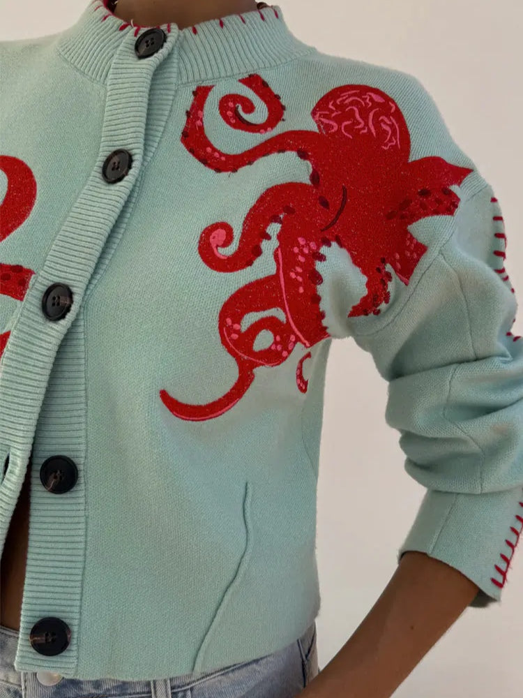 Statement women's light blue octopus pattern knit cardigan, comfortable & unique.