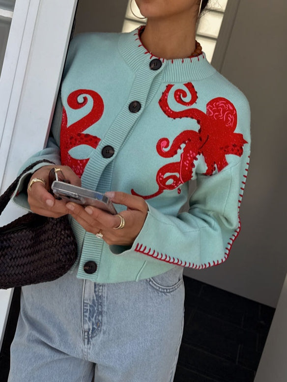 Unique octopus pattern knit cardigan for women, light blue, comfortable, and stylish.