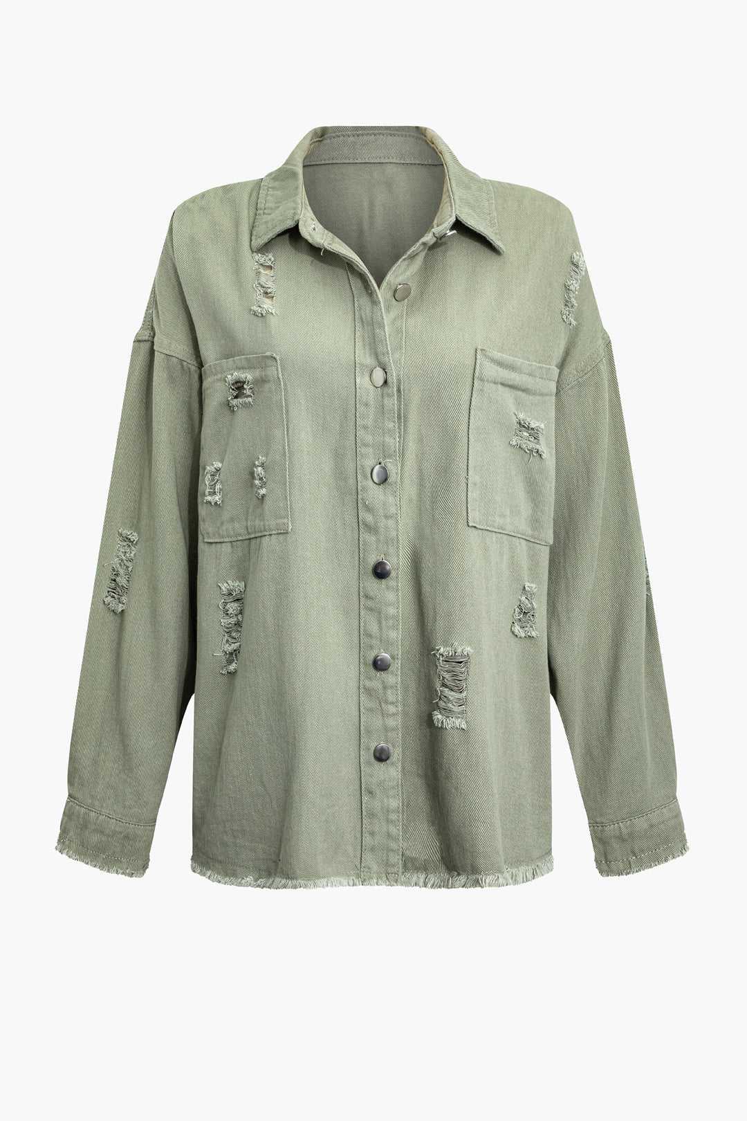 Leona women's light green oversized distressed denim jacket. Perfect trendy casual outerwear for summer.