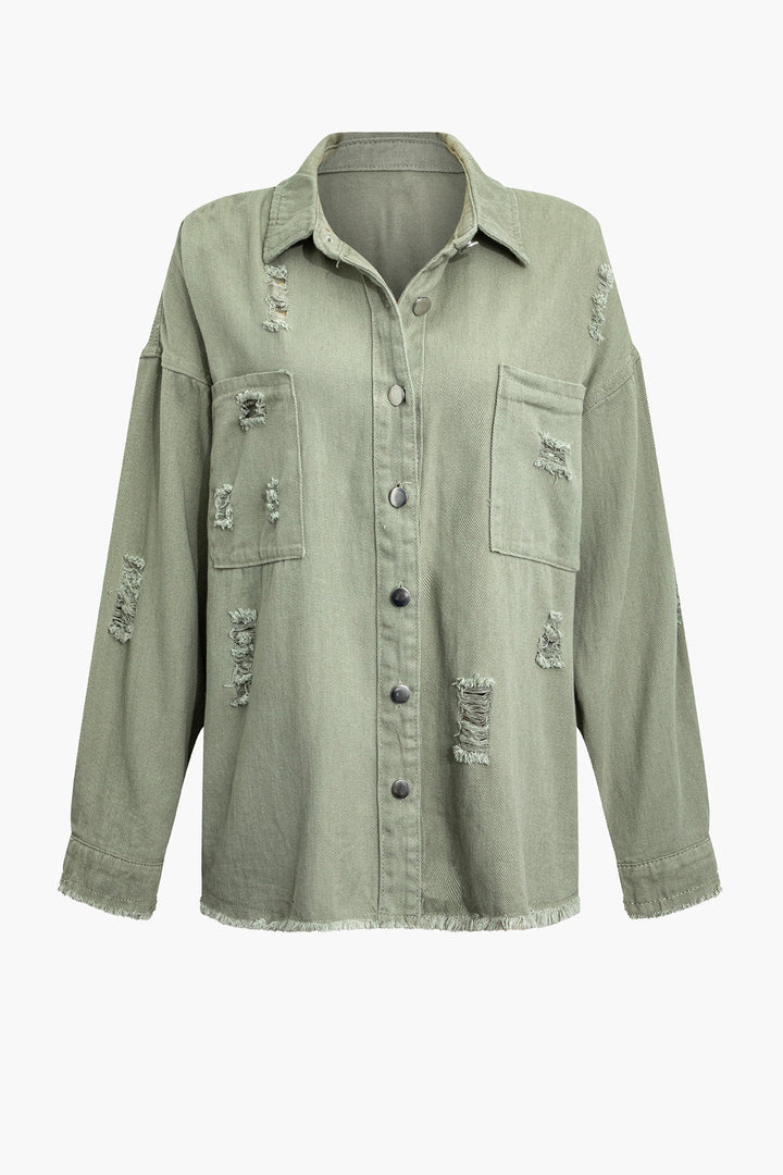 Leona women's light green oversized distressed denim jacket. Perfect trendy casual outerwear for summer.
