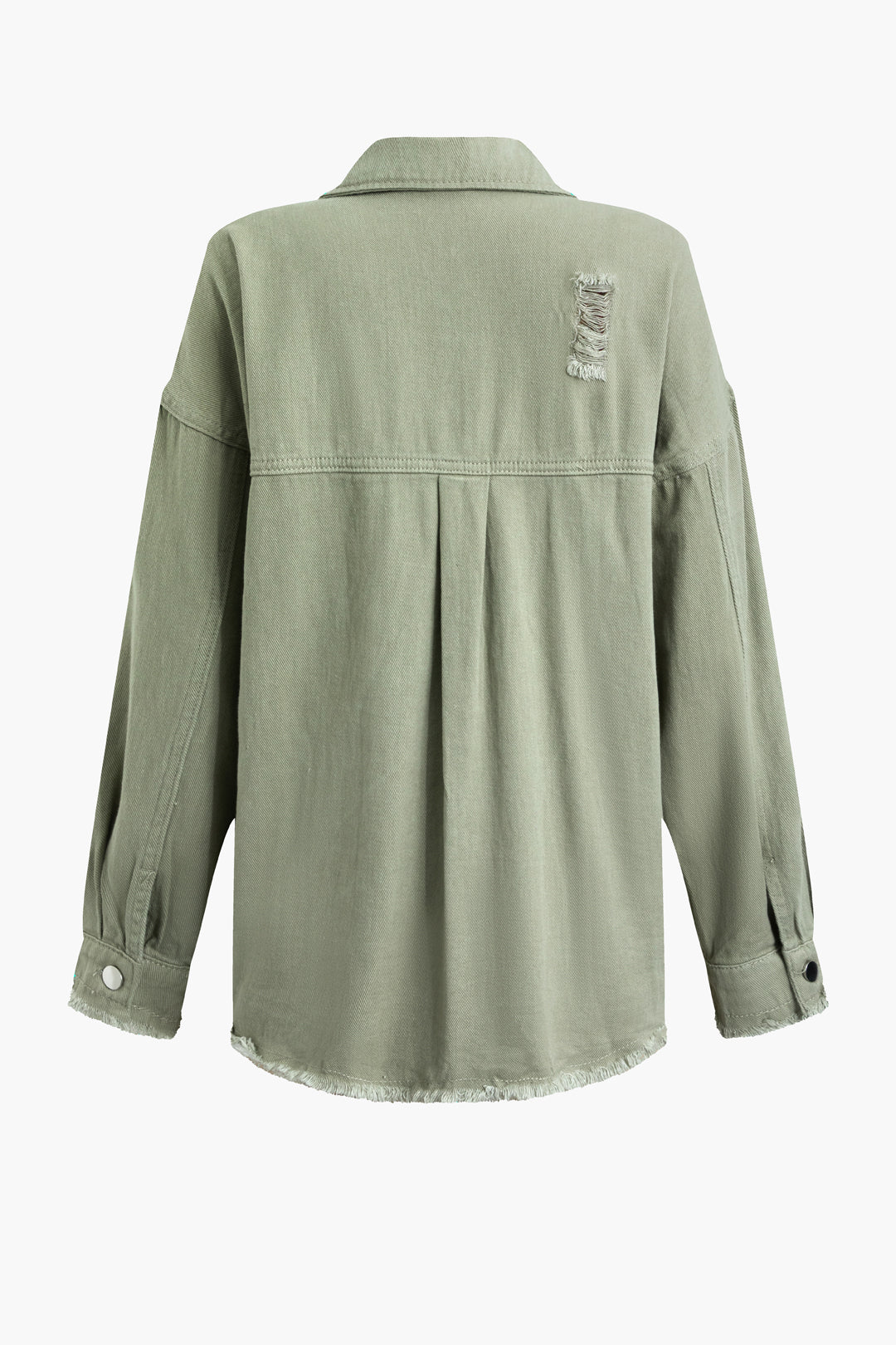 Effortless style with this women's light green oversized distressed denim jacket. Trendy spring outerwear.