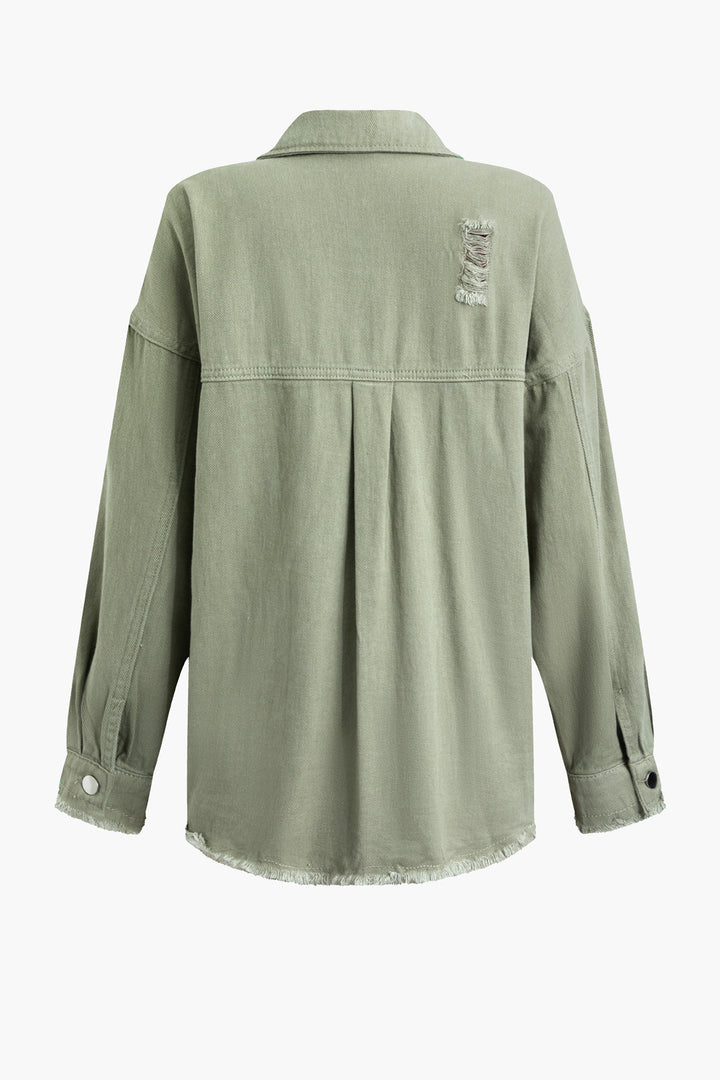 Effortless style with this women's light green oversized distressed denim jacket. Trendy spring outerwear.