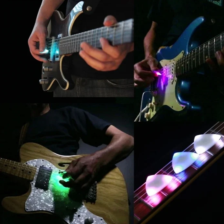 A musician's hand holding a Light Up Guitar Pick, illuminating a guitar fretboard in a dark setting.