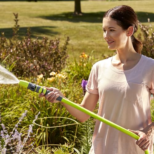 Green lightweight garden hose, all-weather, with strong leakproof connectors for gardening.