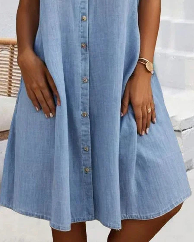 Women's button-down shirt dress with a lightweight denim-look, perfect for casual spring & summer style.