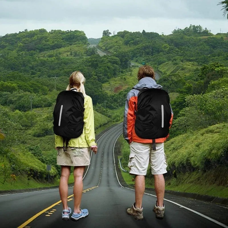 Lightweight waterproof backpack rain cover with reflective strips for enhanced visibility.