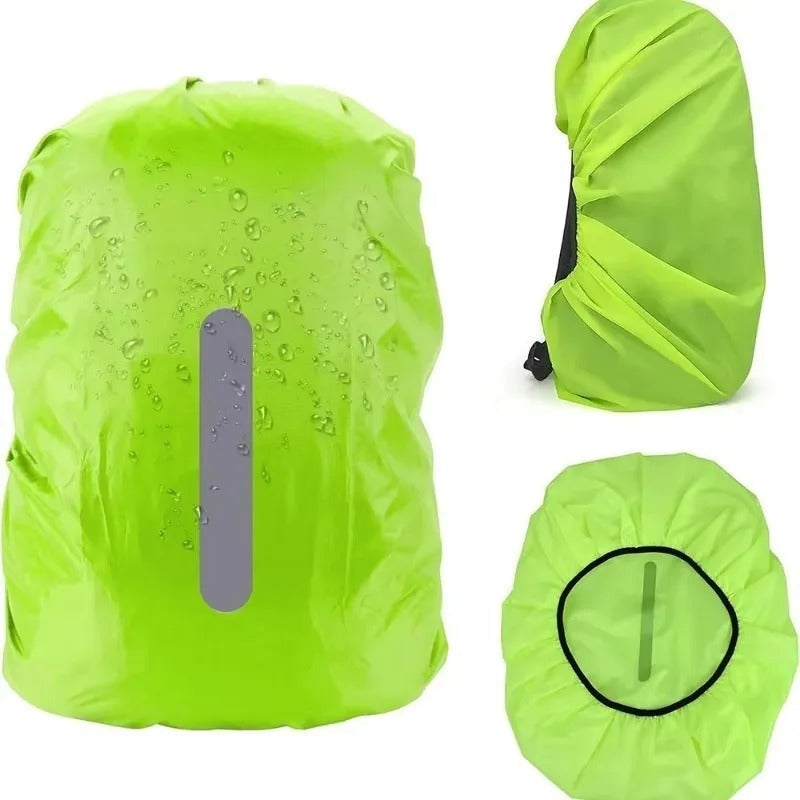 Durable waterproof rain cover for backpacks, featuring bright reflective safety strips.