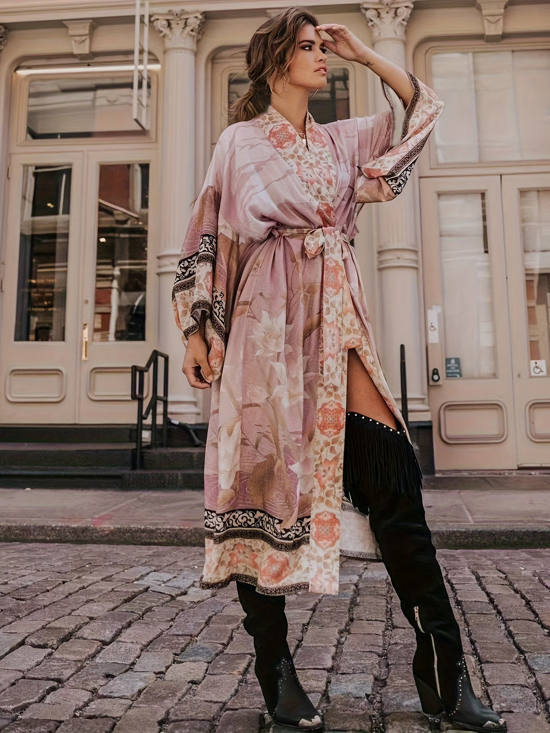 Women's floral print beach cover-up kimono. Lightweight resort wear, essential for summer & travel fashion.