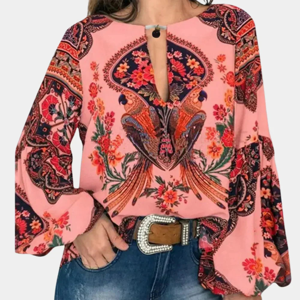 Cap sleeve floral printed women's blouse, ideal lightweight summer shirt for daily fashion.