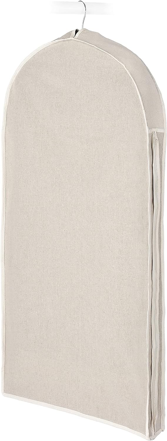 Linen dust-proof garment bag with zipper for suit & dress protection. Ideal for wardrobe storage & clothing care.