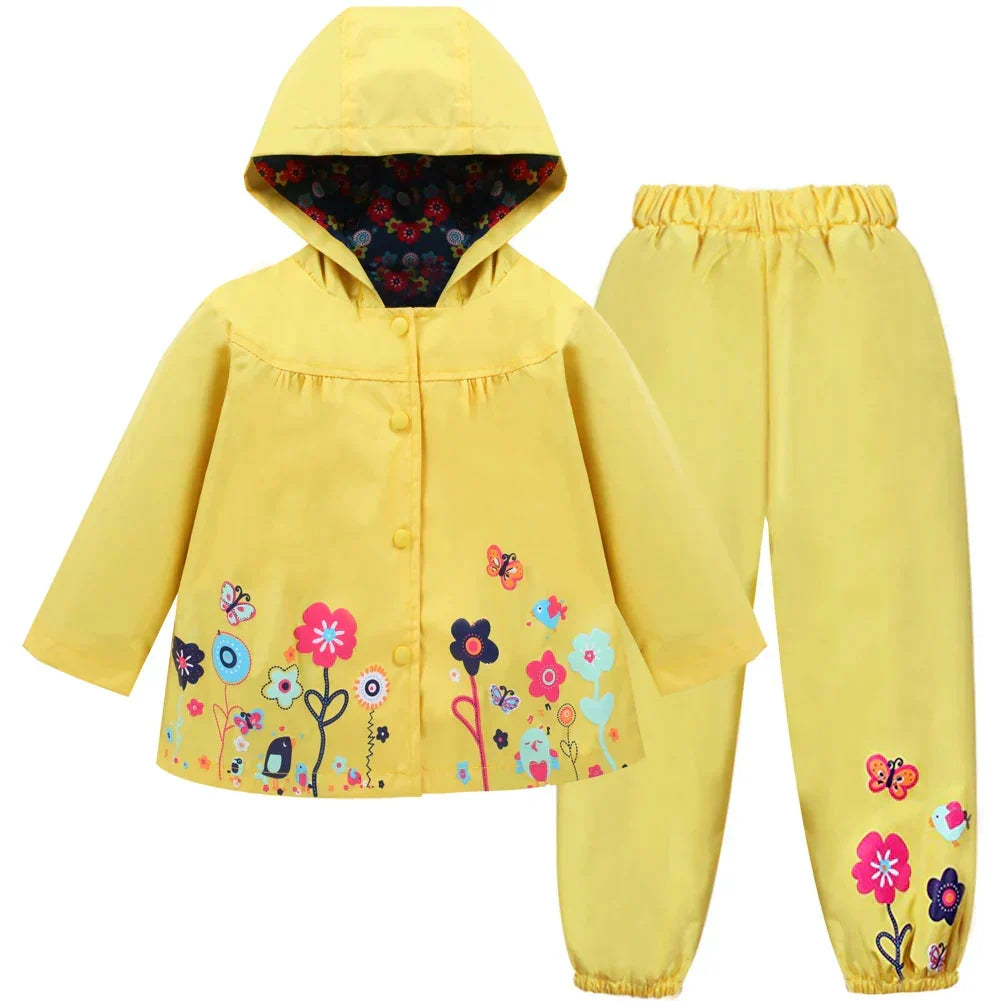 Liora children's waterproof rain jacket & trousers set with hood for outdoor play & weather protection.