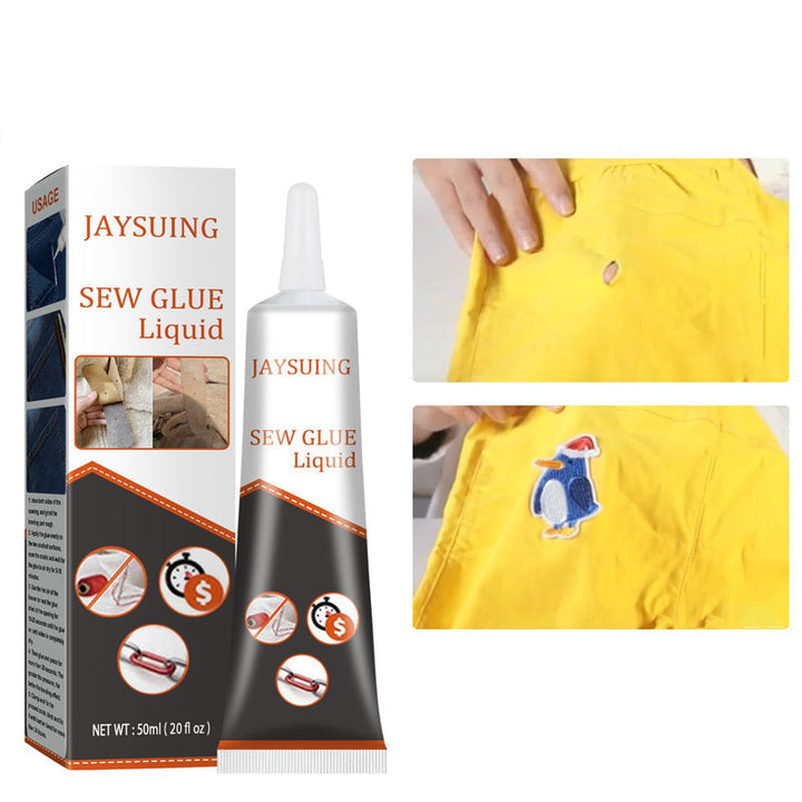 Fabric repair adhesive shown bonding two pieces of denim, strong and durable mending solution