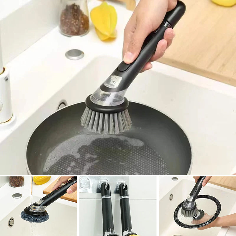 Long handle dish cleaning brush with integrated soap dispenser for easy kitchen cleanup, ergonomic design.
