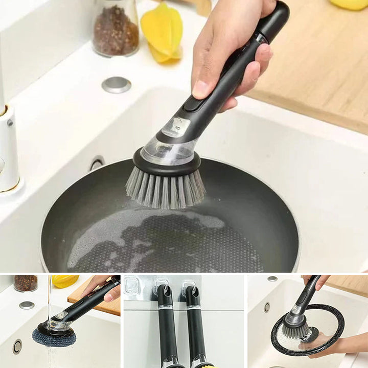 Long handle dish cleaning brush with integrated soap dispenser for easy kitchen cleanup, ergonomic design.