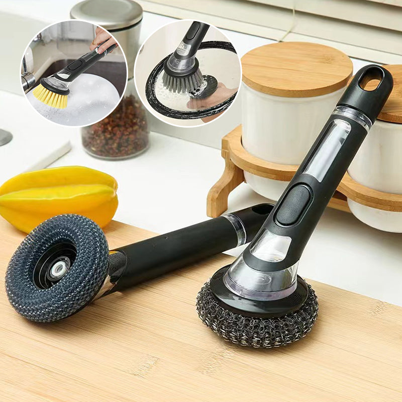 Full view of the soap dispensing dish brush, ready for use in a modern kitchen setting.