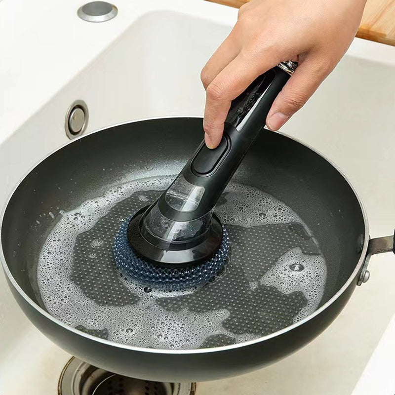 Cleaning brush for dishes with soap dispenser, highlighted features for household cleaning efficiency.