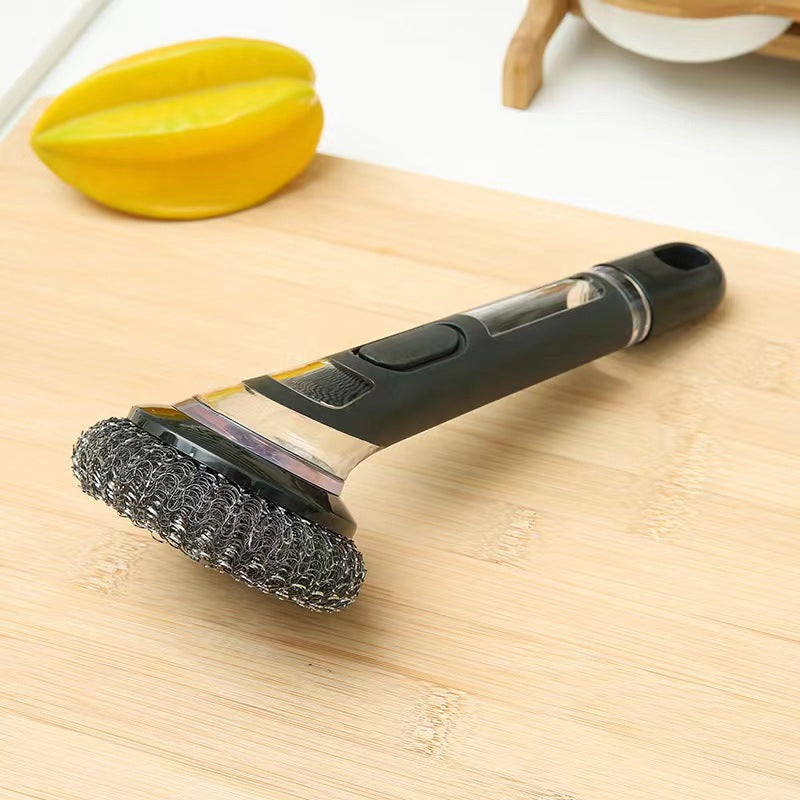 A set of long-handle dish brushes with soap dispensers, illustrating various color options and design.