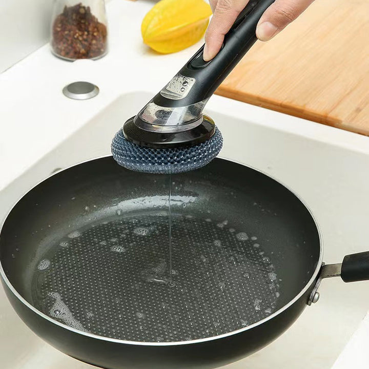 Ergonomic kitchen cleaning brush featuring a built-in soap dispenser for efficient dishwashing tasks.