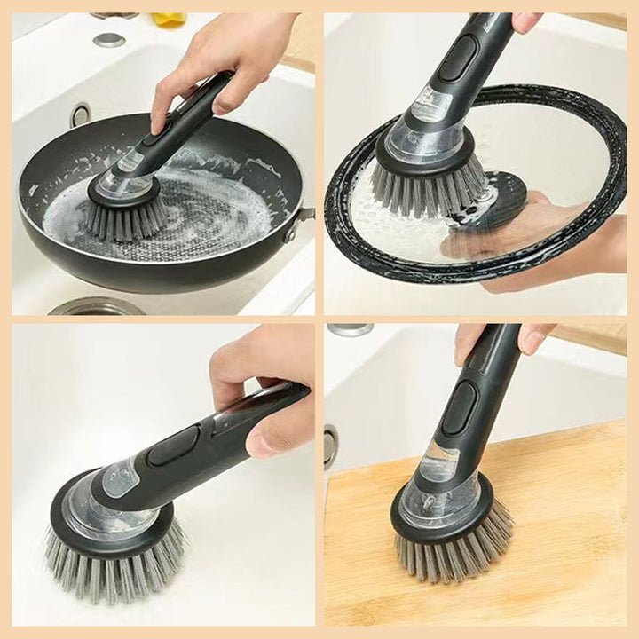 Household cleaning brush with a long handle and refillable soap dispenser, ideal for tough grease.