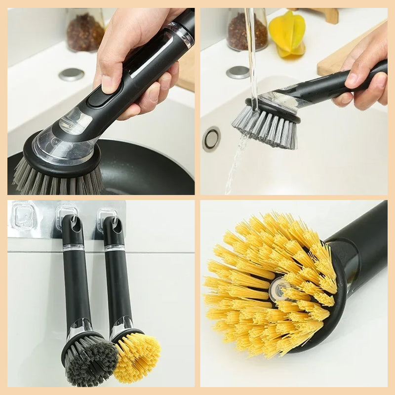 Versatile dish scrubber with soap release button, making kitchen cleaning faster and more convenient.