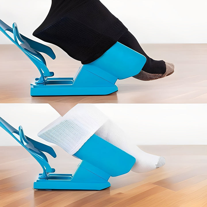 Assistive long handle sock aid helps elderly & disabled users effortlessly put on socks & compression hosiery.