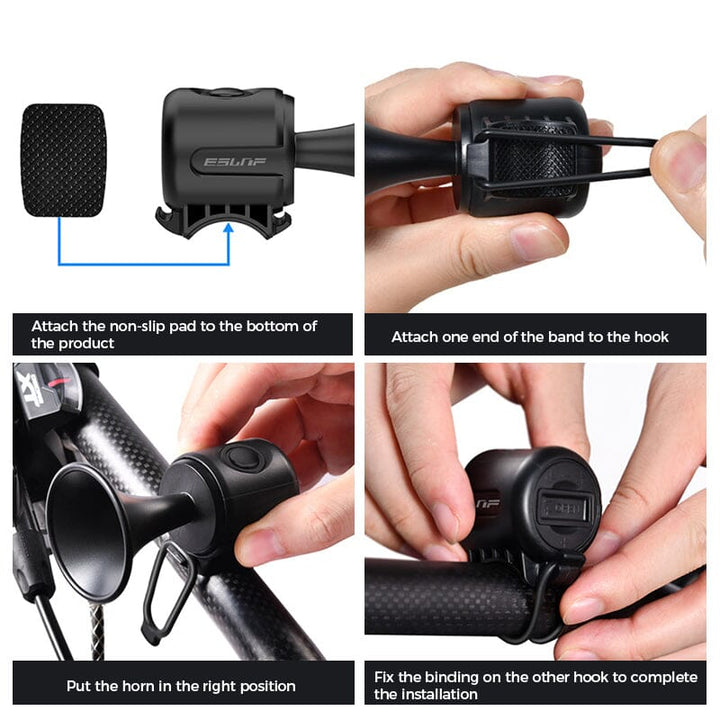 Loud 120dB electric bike horn for cycling safety, black finish.