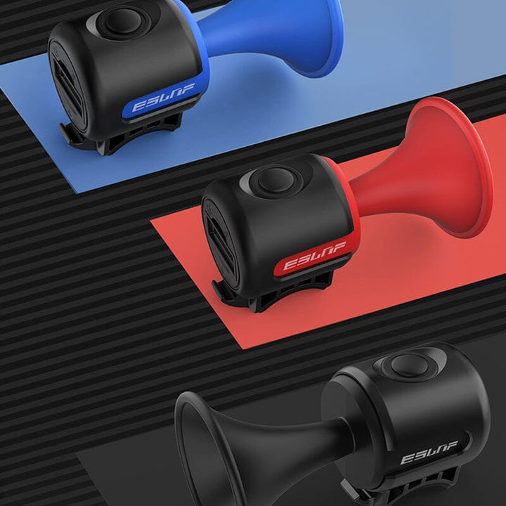 Electric bike horn, 120dB, easily mounts to handlebars, durable bicycle accessory.