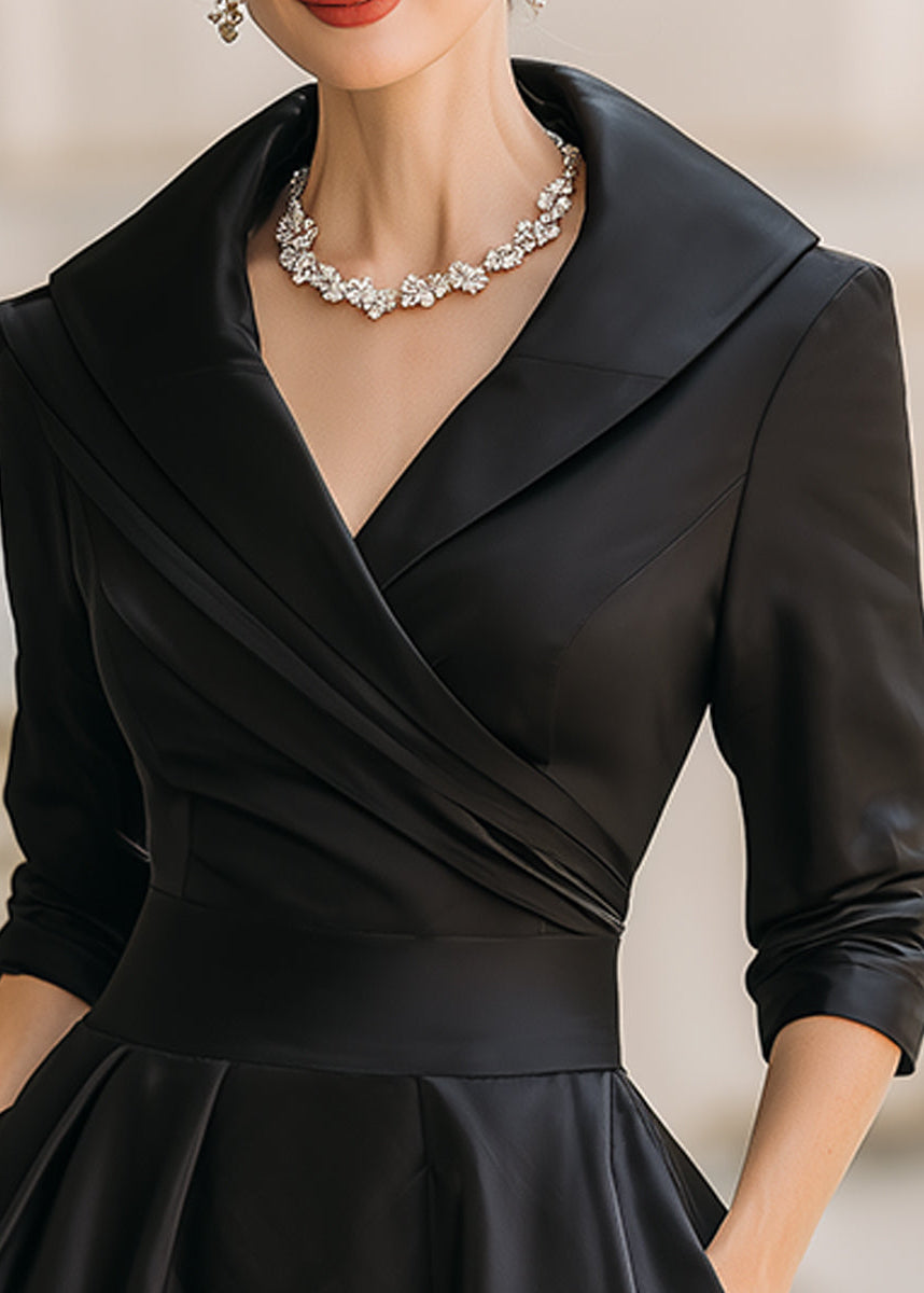 High-shine women's formal midi dress with an elegant cowl neck, long sleeves, and practical pockets.