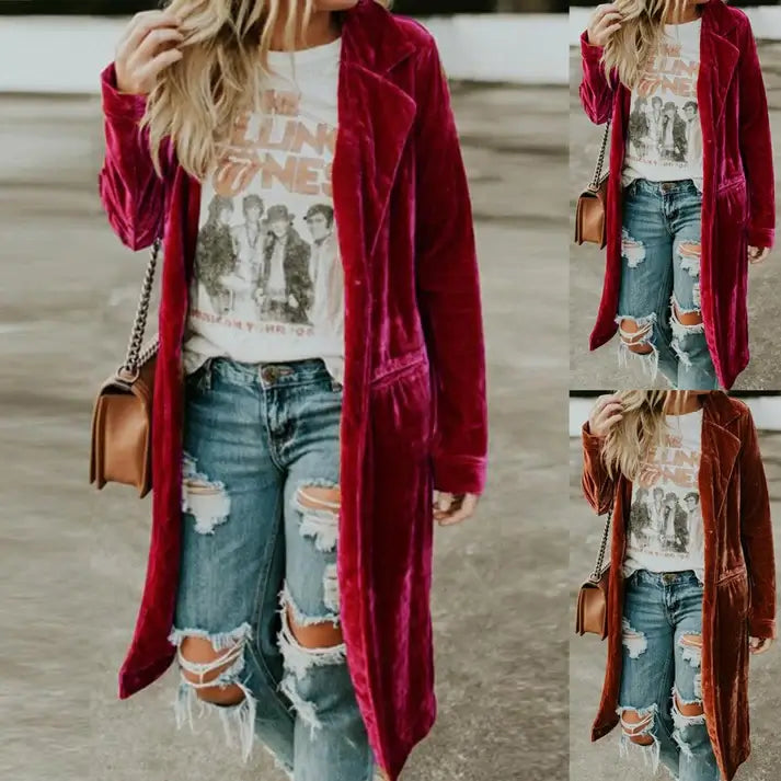 Long women's cardigan, duster style, elegant and comfortable layering piece.