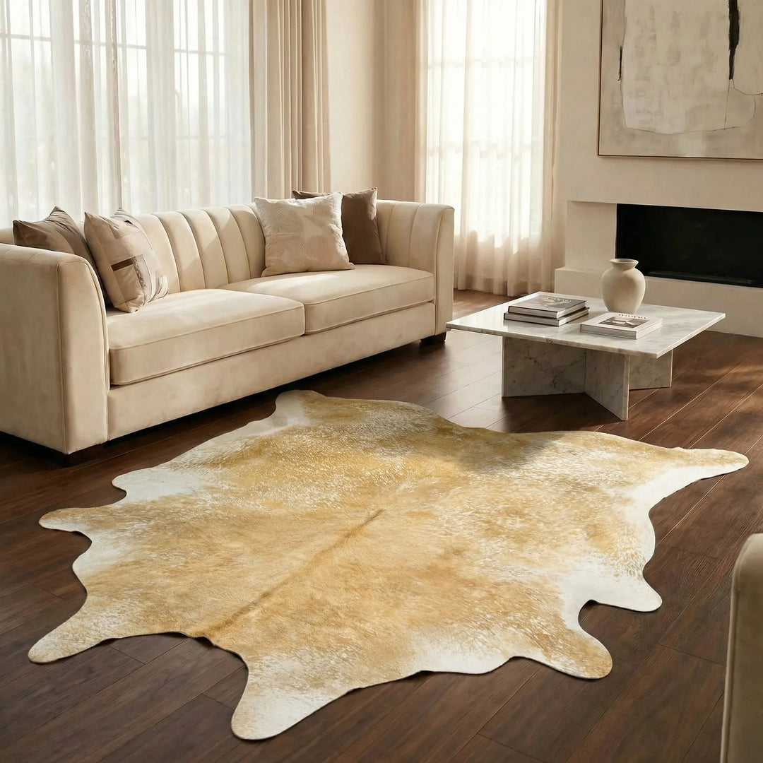 Beautiful faux fur area rug, irregular shape & plush texture. Cozy accent for modern homes.