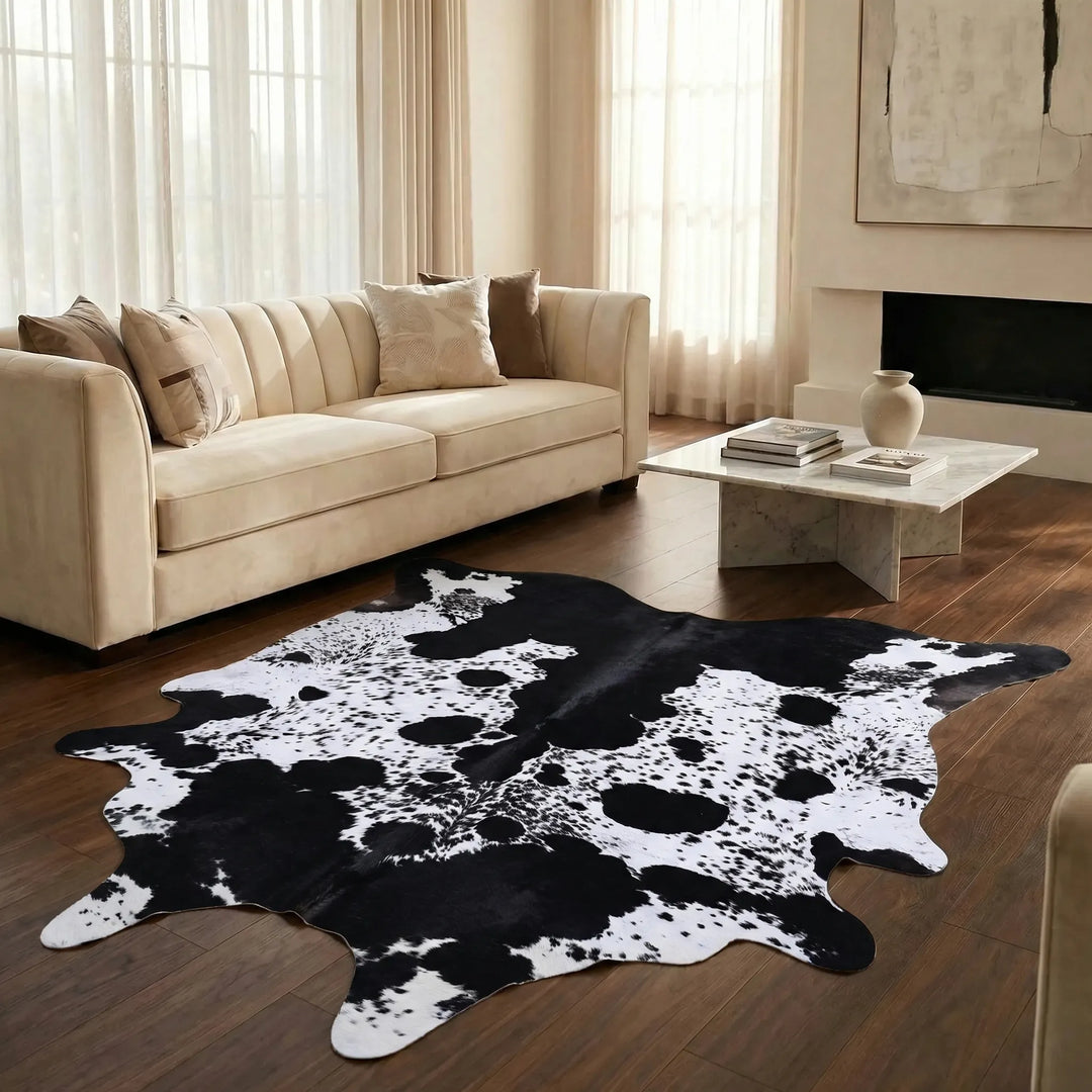 Modern faux fur area rug featuring a unique wave pattern. Provides plush comfort for living rooms.