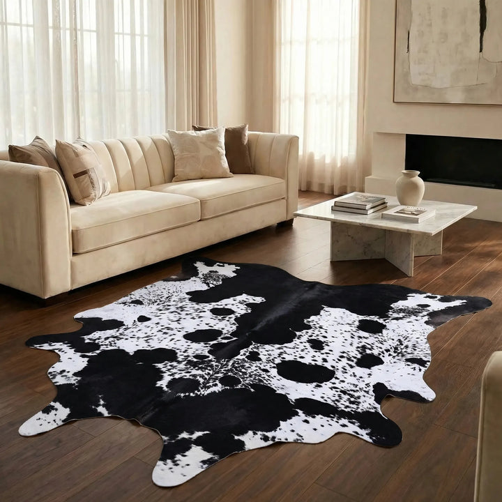 Modern faux fur area rug featuring a unique wave pattern. Provides plush comfort for living rooms.