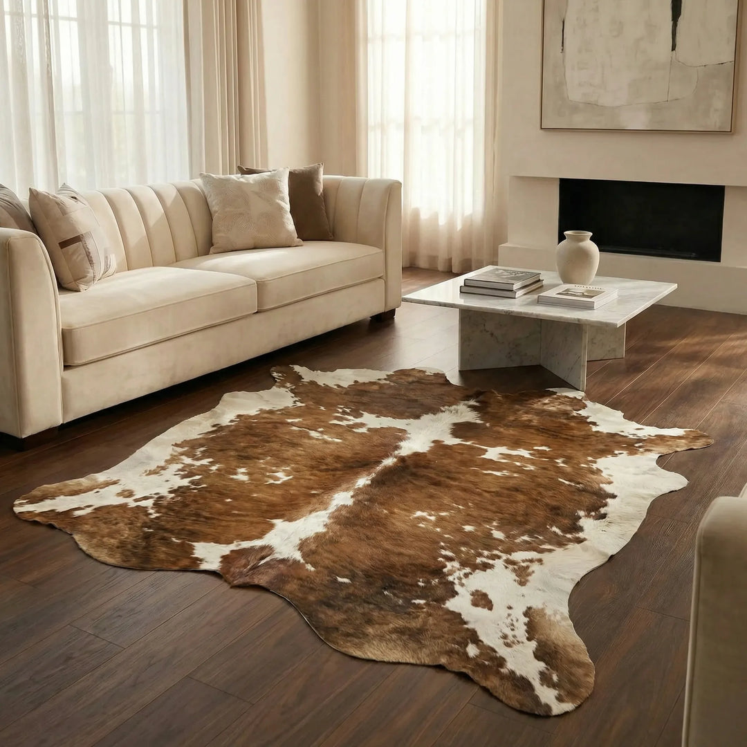 Plush faux fur bedroom rug, irregular shape. Creates a cozy, luxurious feel in modern home decor.