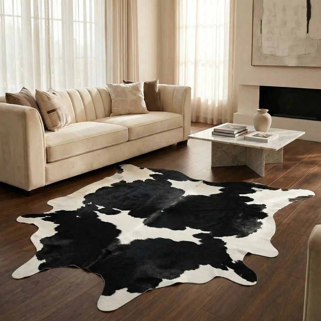 Statement faux fur area rug with elegant waves. Adds luxurious softness to contemporary home decor.