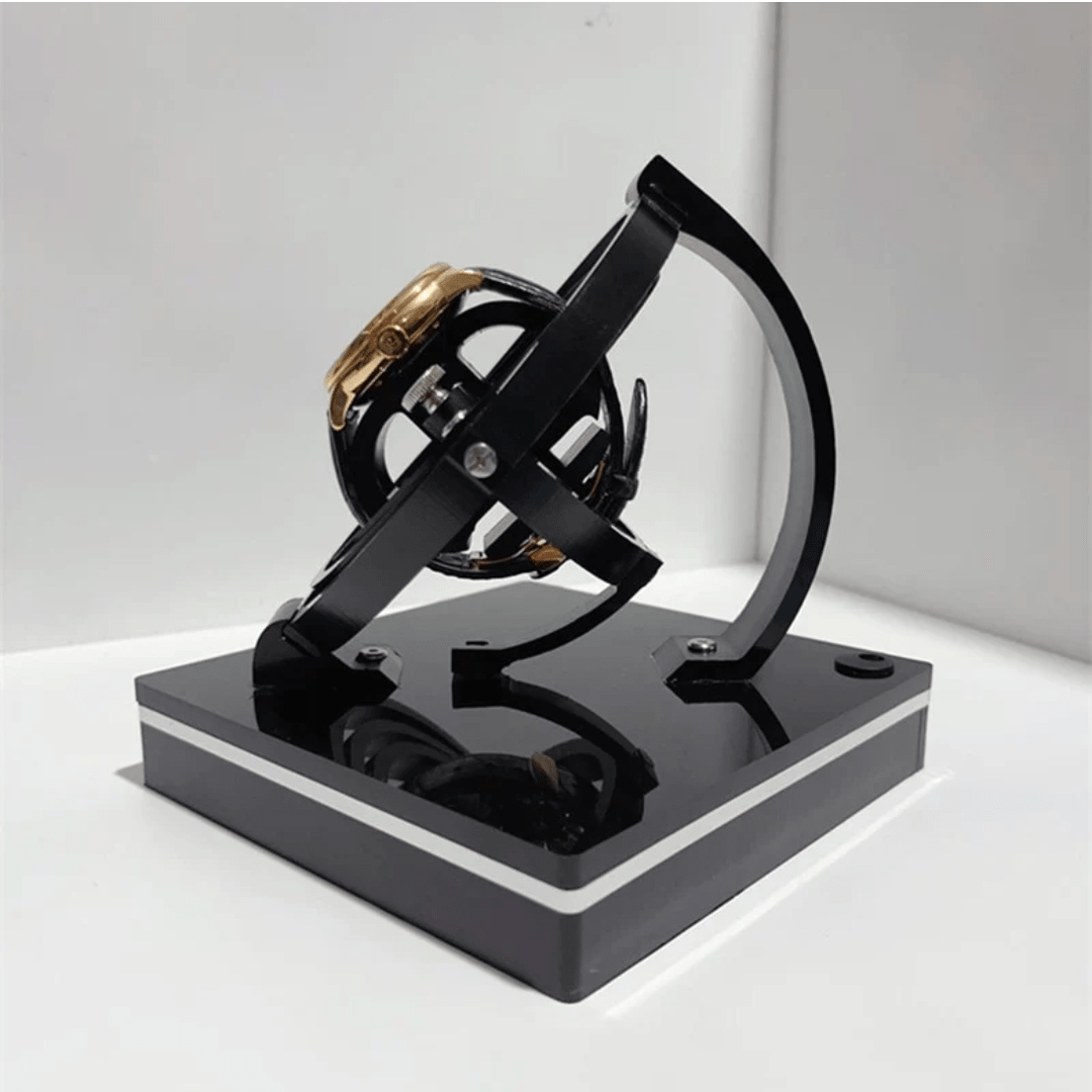 Elegant silent automatic watch winder, a luxury watch display and storage accessory for collectors.