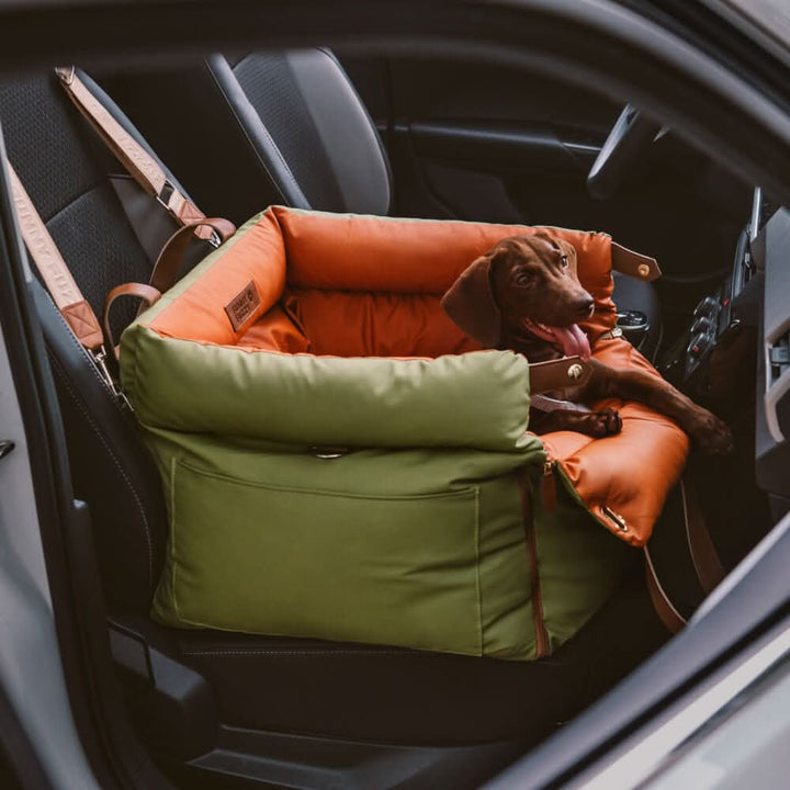 Secure dog car seat booster with safety belt for safe small & medium pet car travel.