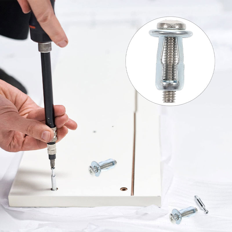 Illustration of an expansion screw petal nut expanding behind a surface, ensuring a firm hold.