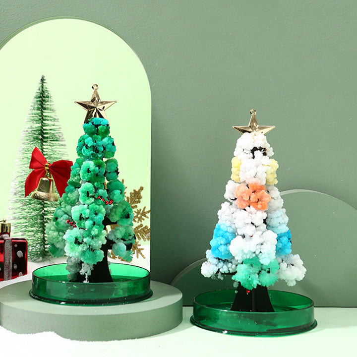 Before and after comparison of the Magic Growing Crystal Tree, showing crystal growth
