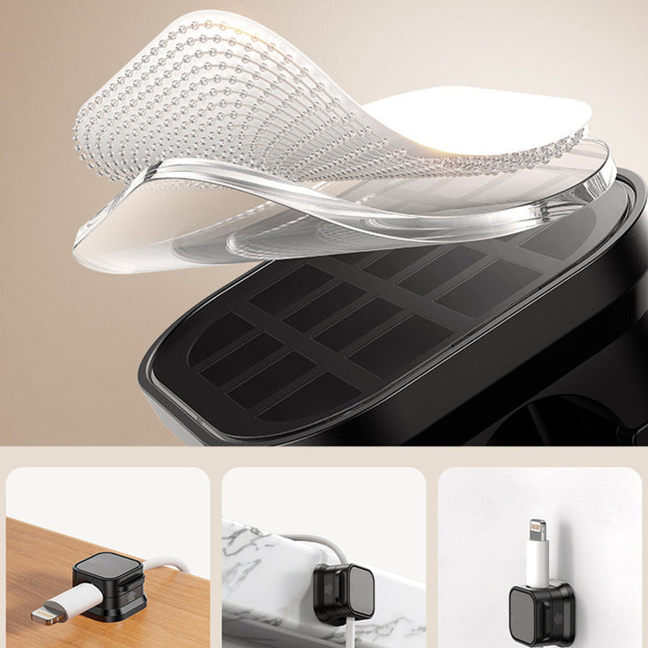 Hand demonstrating how to easily snap a cable into a magnetic organizer clip for tidy storage