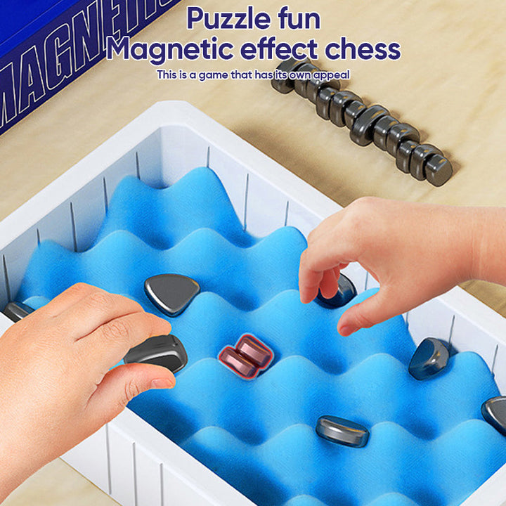 Close-up of magnetic chess pieces on the board, perfect for a strategy board game.