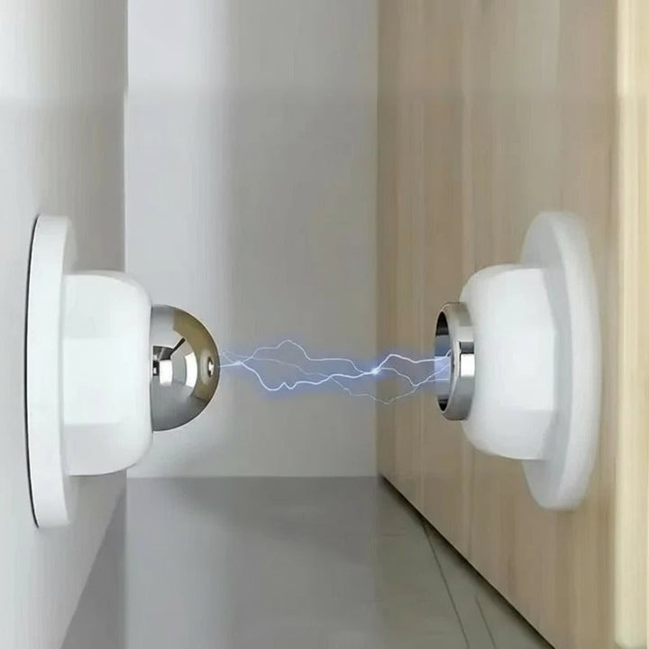 Drill-free magnetic door stop. Adhesive door holder, wall or floor mount, prevents wall damage.